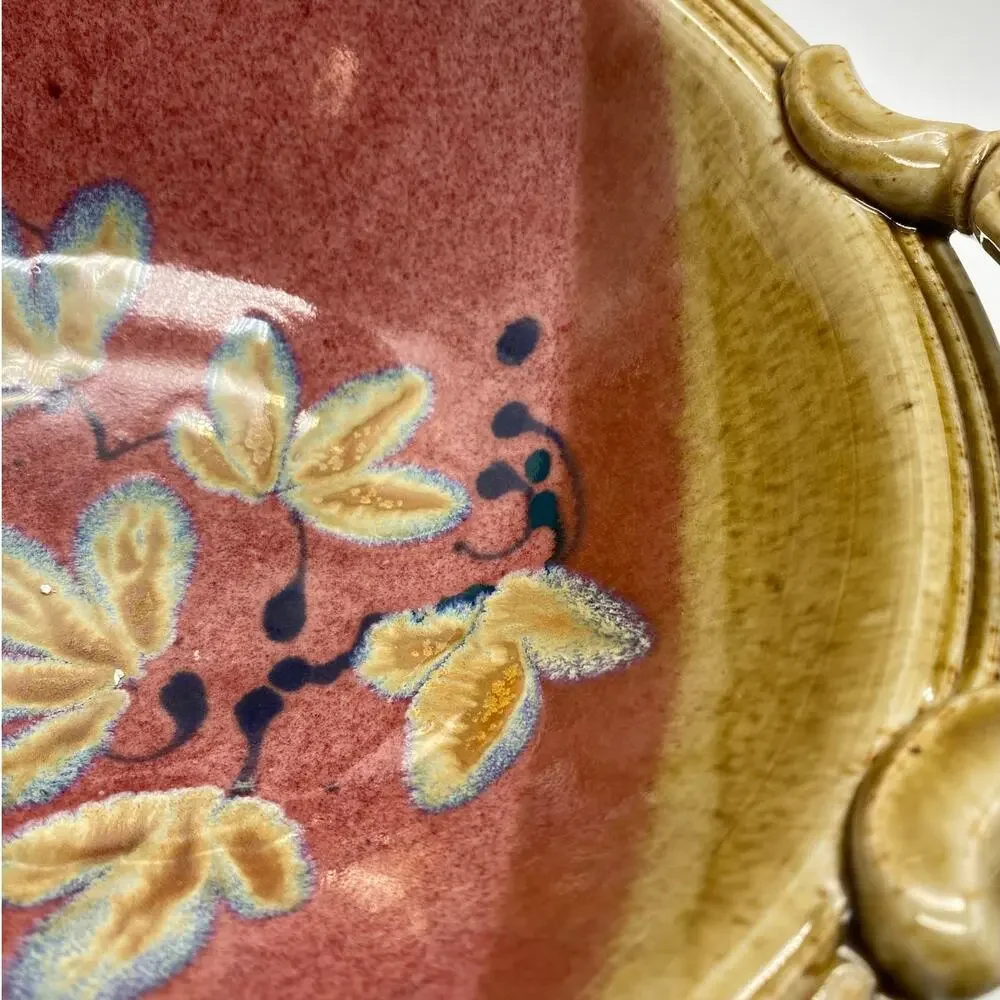 Handmade Pottery handled dish pour spout‎ round red floral Signed Art pottery
